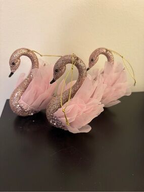 Pink Christmas Glitter Swan Ornaments of 3 with Tulle Wings